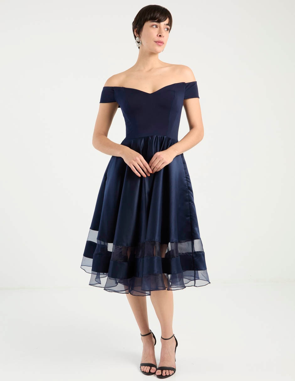 Vestido midi de fiesta escote bardot 1