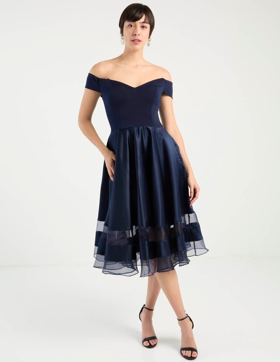 Vestido midi de fiesta escote bardot 7