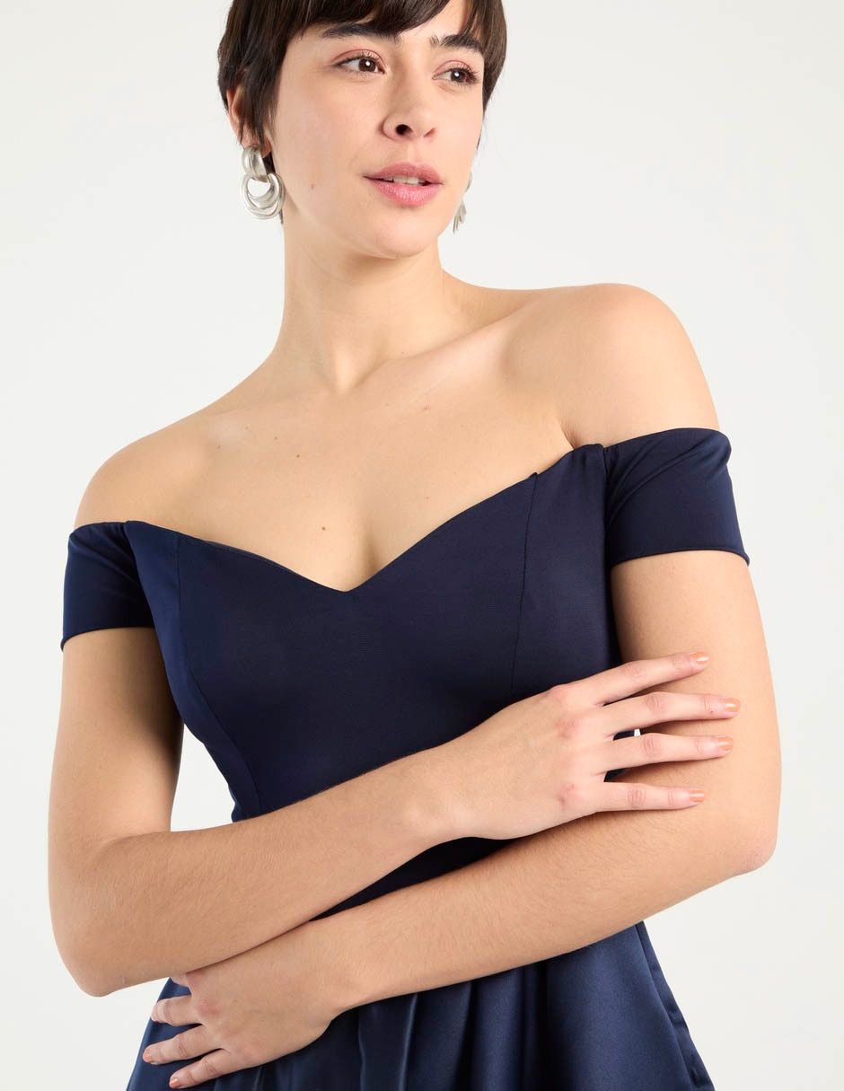 Vestido midi de fiesta escote bardot 8