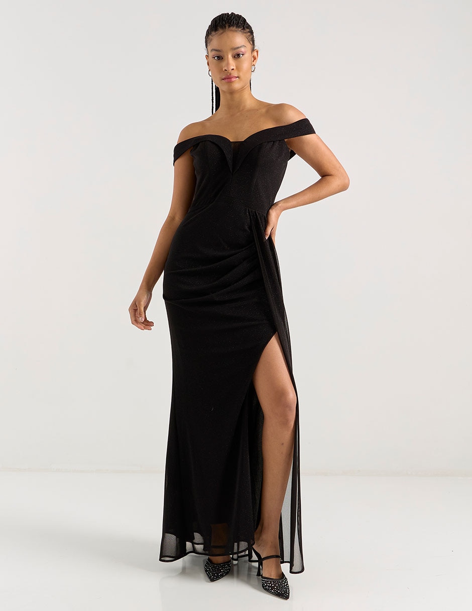 Vestido largo de fiesta escote bardot