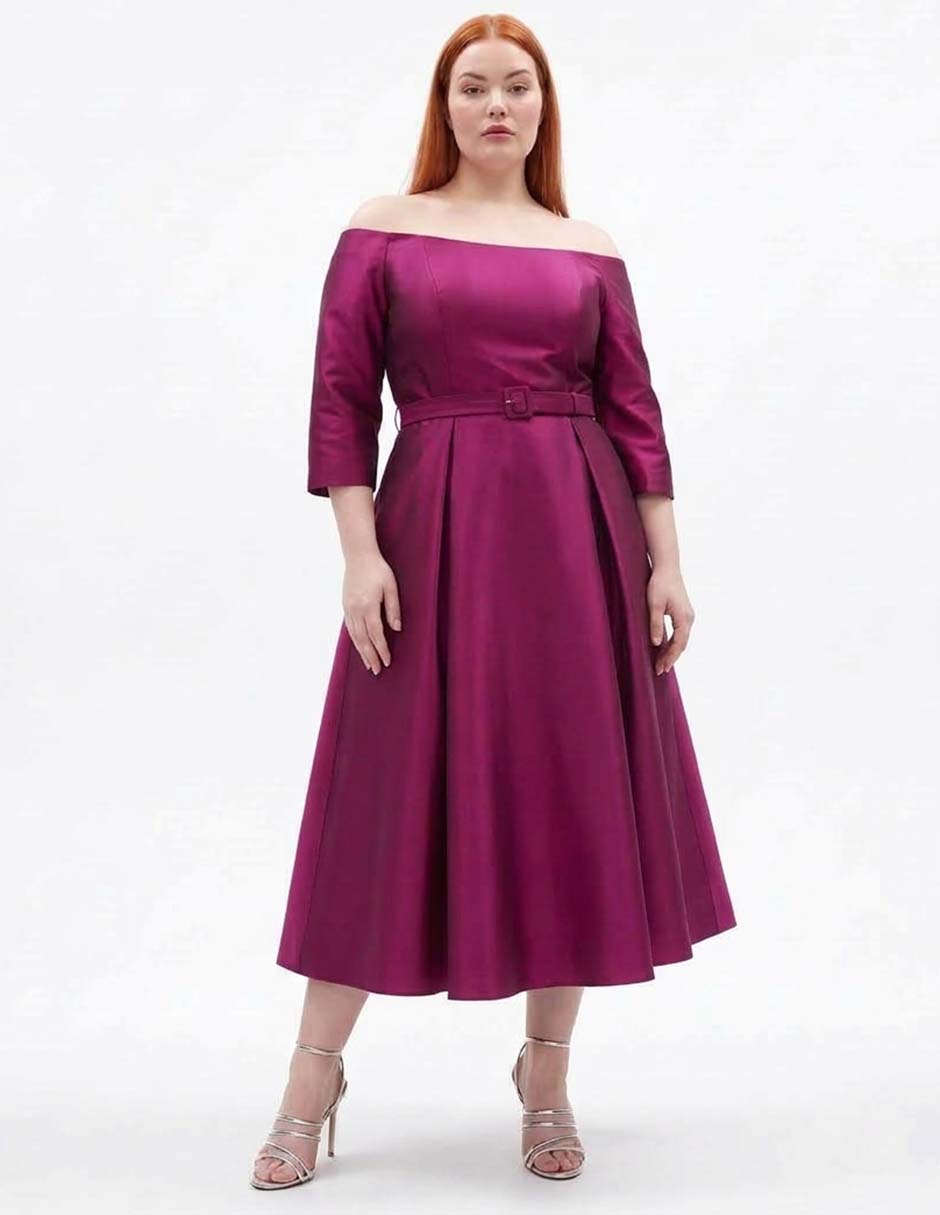 Vestido midi de fiesta escote bardot